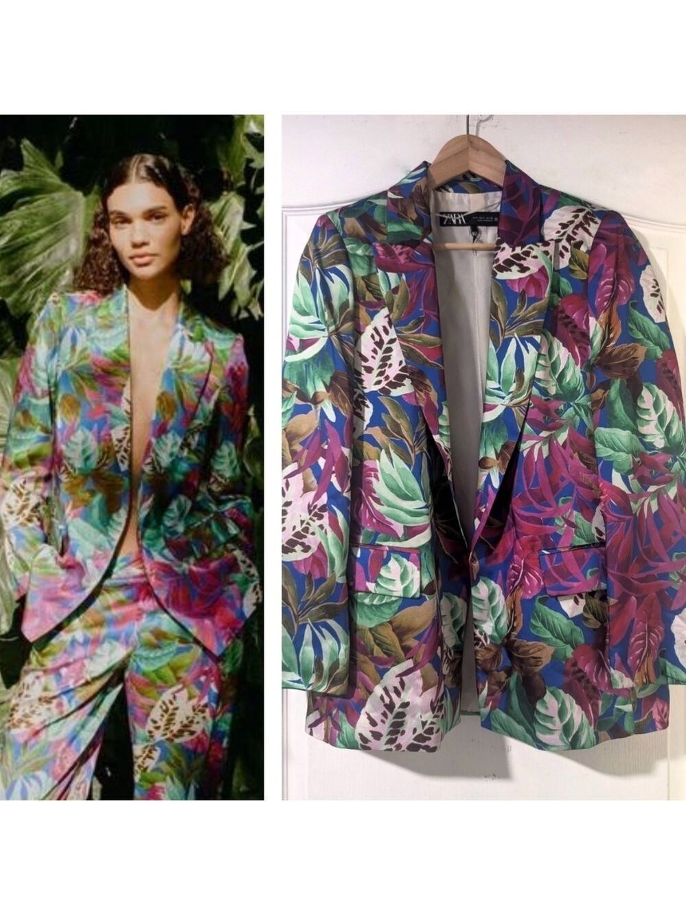 NEW! Zara | Tropical Print Satin Effect Open Front Blazer